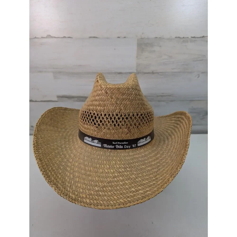 Vintage Turf Paradise Meister Bräu Day Hat Cowboy Straw Western Brown‎ Mens 80s